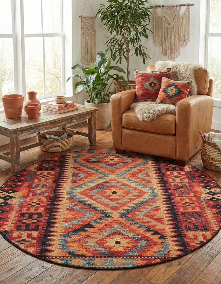 Detail image of 6' x 6' Easy-Clean Tribal Indoor / Outdoor Round Rug