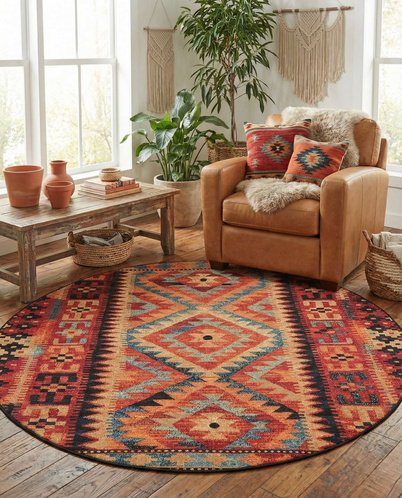 6' x 6' Easy-Clean Tribal Indoor / Outdoor Round Rug