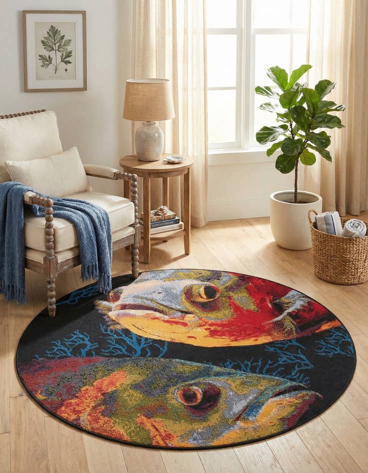 Detail image of 4' x 4'  Washable Coastal Indoor / Outdoor Round Rug