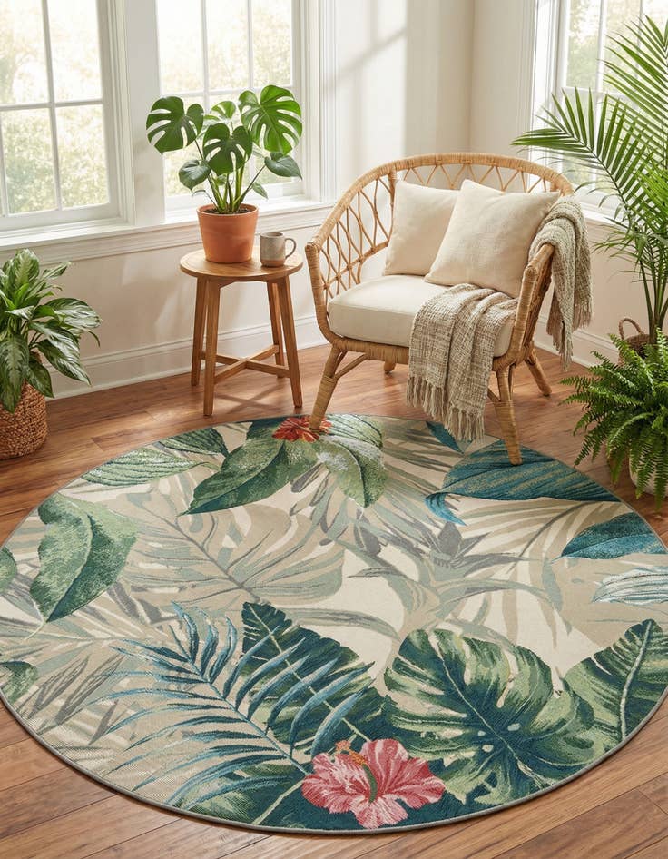 Detail image of 6' x 6' Washable Botanical Indoor / Outdoor Round Rug