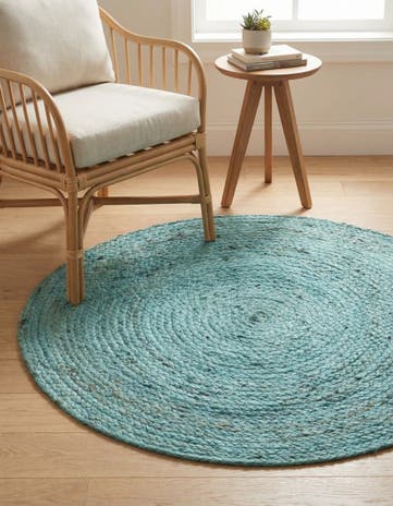 Turquoise Handmade Braided Jute Round Rug