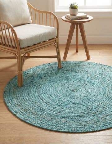 Turquoise Handmade Braided Jute Round Rug