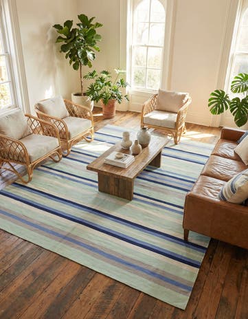 Aqua Blue and Gray Hand Woven Flatweave Cotton Dhurrie Square Rug