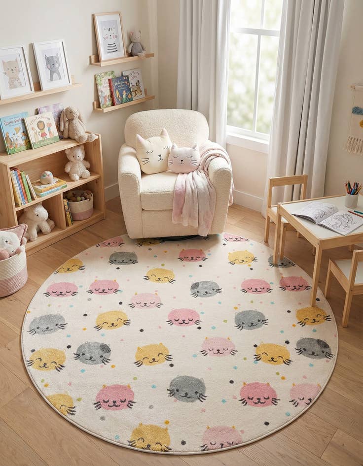Detail image of 7' 10 x 7' 10 Cats Whimsy Kids Round Rug