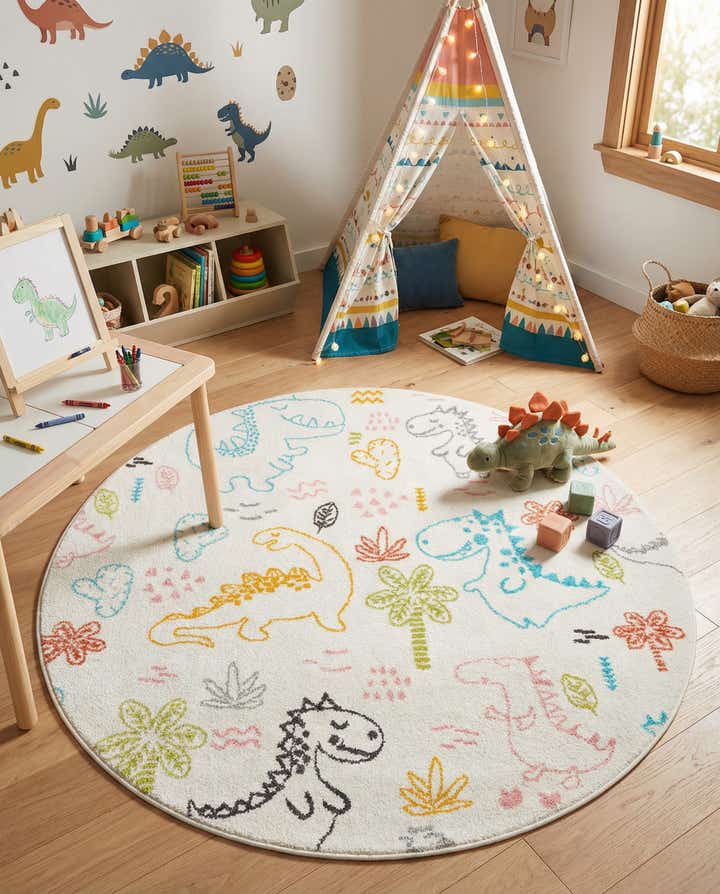 5' 3 x 5' 3 Dinosaur Whimsy Kids Round Rug