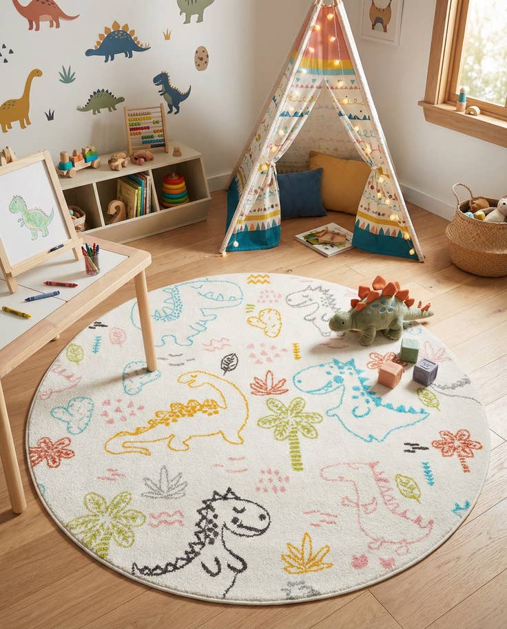 Detail image of 5' 3 x 5' 3 Dinosaur Whimsy Kids Round Rug