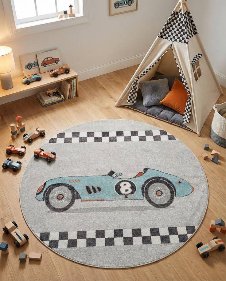 Detail image of 7' 10 x 7' 10 Racecar Whimsy Kids Round Rug