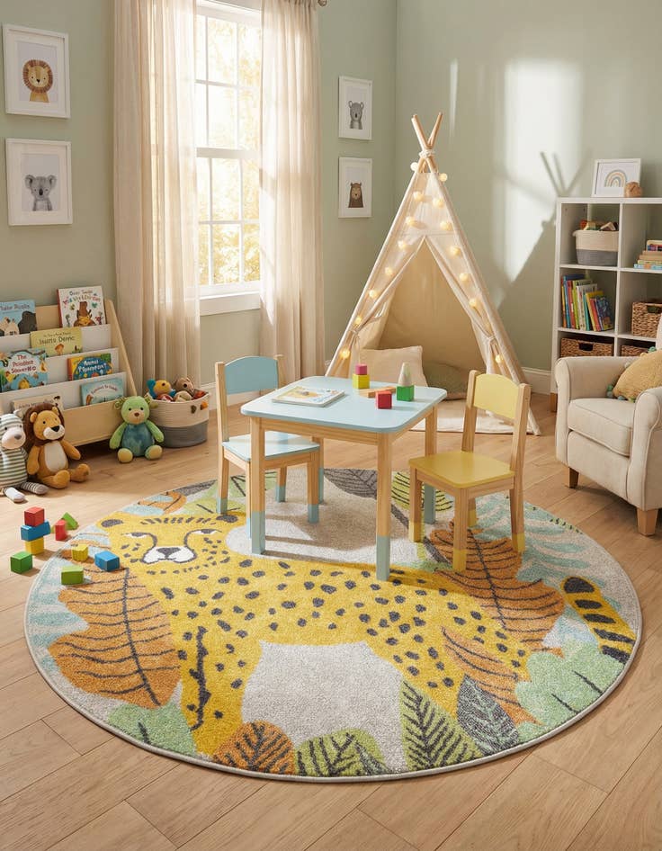Detail image of 5' 3 x 5' 3 Leopard Whimsy Kids Round Rug