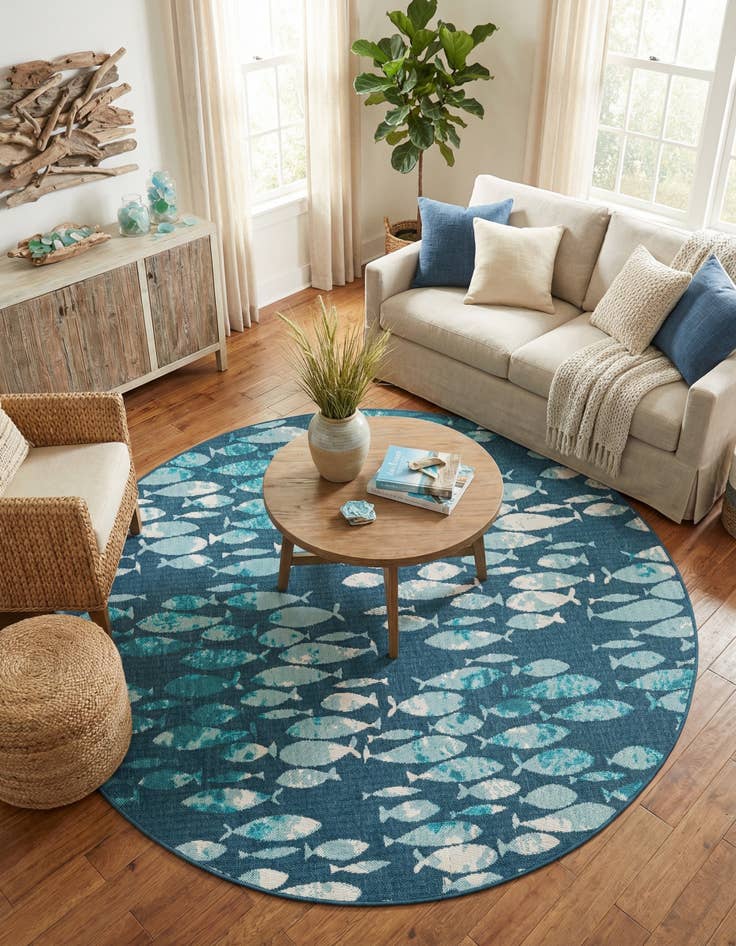 Detail image of 7' x 7'  Washable Coastal Indoor / Outdoor Round Rug