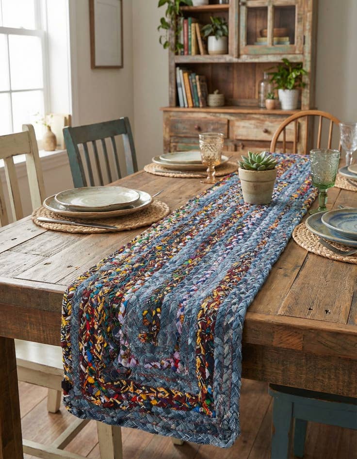 Detail image of 1' 2 x 4' 1 Hand Woven Braided Chindi Table Runner Rug