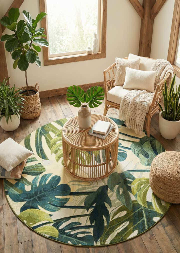 6' x 6' Easy-Clean Botanical Indoor / Outdoor Round Rug