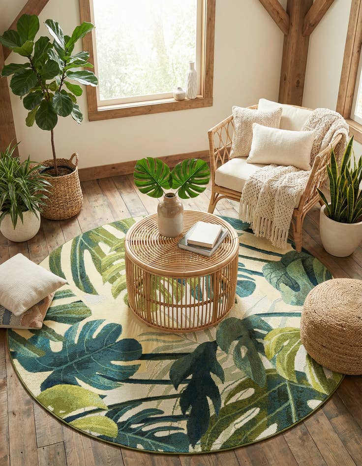 Detail image of 6' x 6' Easy-Clean Botanical Indoor / Outdoor Round Rug