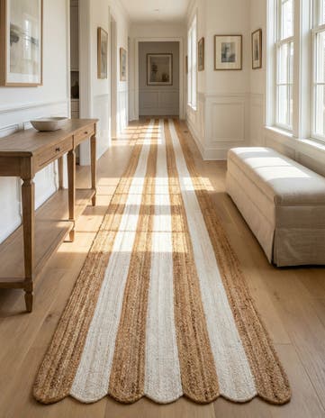 Natural and Ivory Handmade Scallop Braided Jute Runner Rug