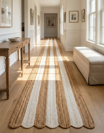 Natural and Ivory Handmade Scallop Braided Jute Runner Rug