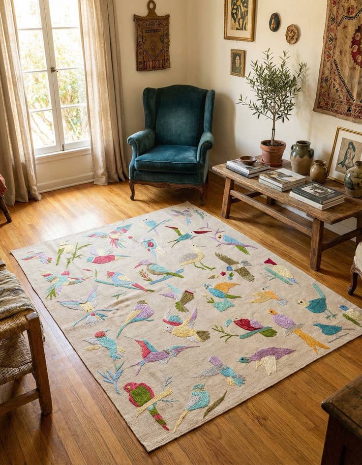 Detail image of 5' 2 x 6' 2 Hand Woven Kilim Suzani Wool Square Rug