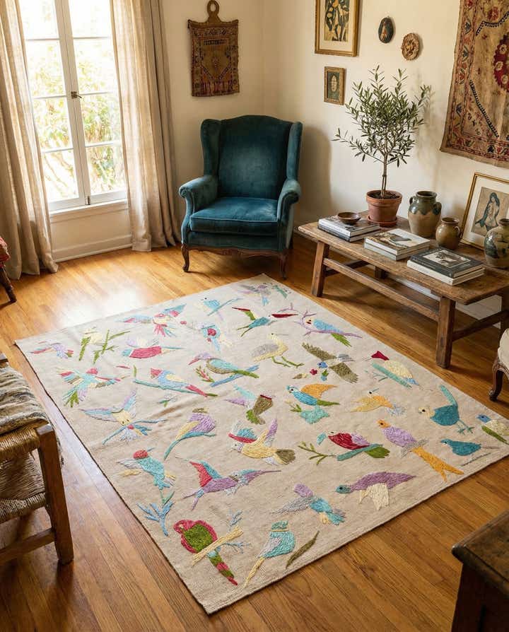 5' 2 x 6' 2 Hand Woven Kilim Suzani Wool Square Rug