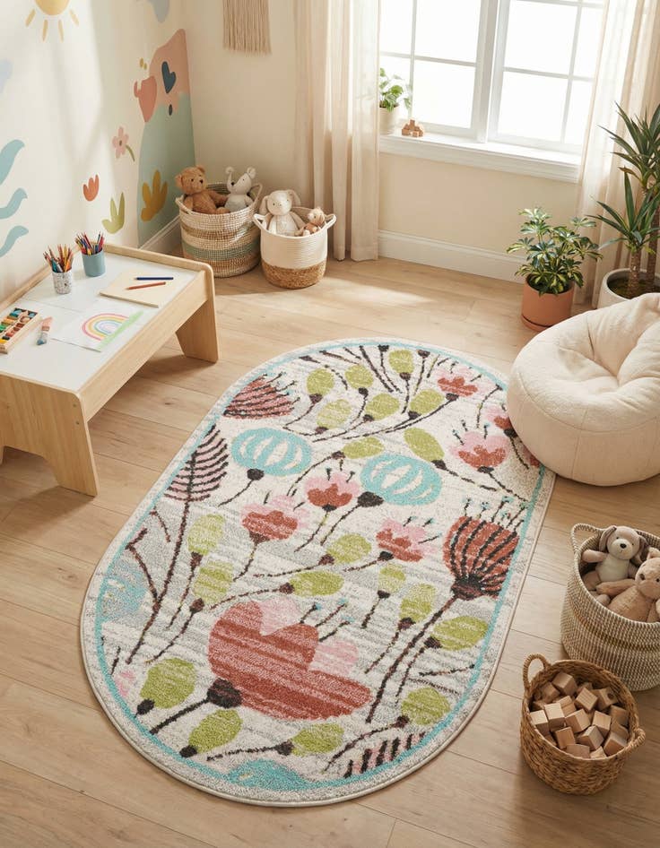 Detail image of 3' 3 x 5' 3 Flowers Whimsy Kids Oval Rug