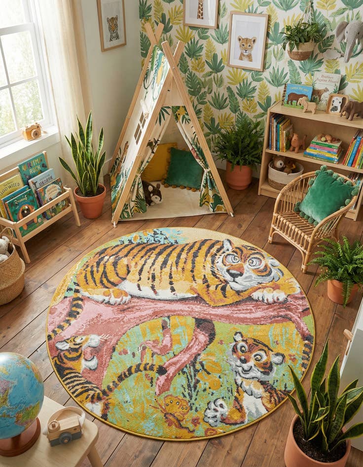 Detail image of 7' 10 x 7' 10 Tiger Whimsy Kids Round Rug