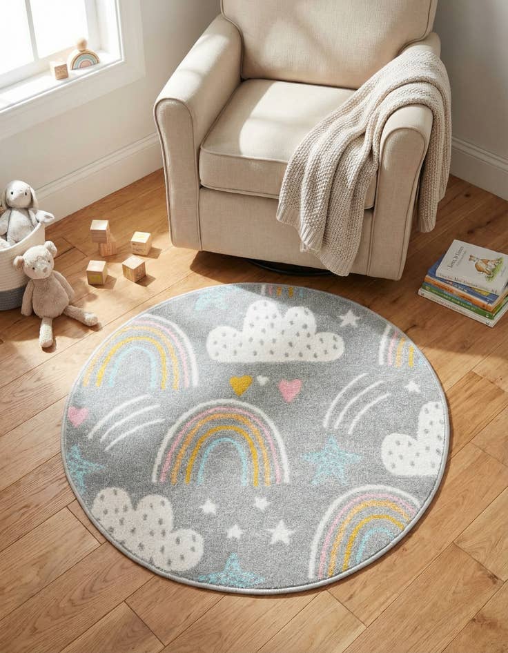 Detail image of 3' 3 x 3' 3 Clouds and Rainbows Whimsy Kids Round Rug