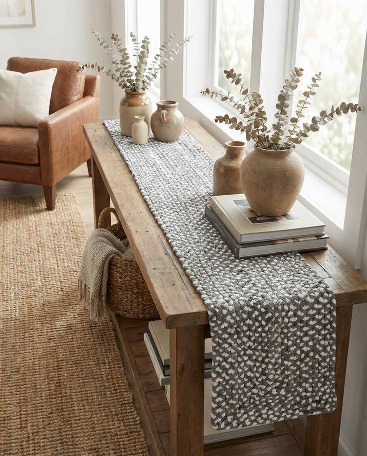 Detail image of 1' 2 x 10' Handmade Braided Chindi Table Runner Rug