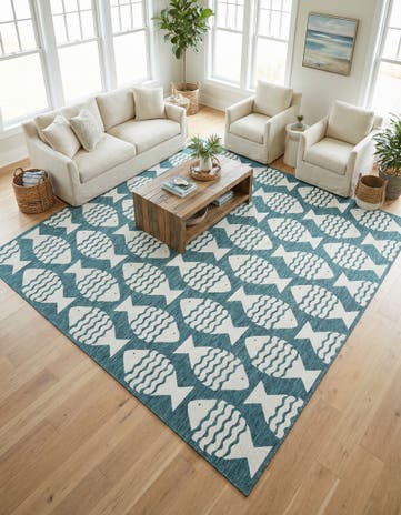 Turquoise Easy-Clean Coastal Indoor / Outdoor Square Rug