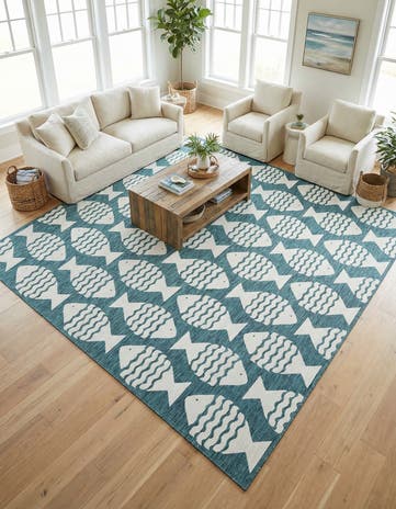 Turquoise Easy-Clean Coastal Indoor / Outdoor Square Rug