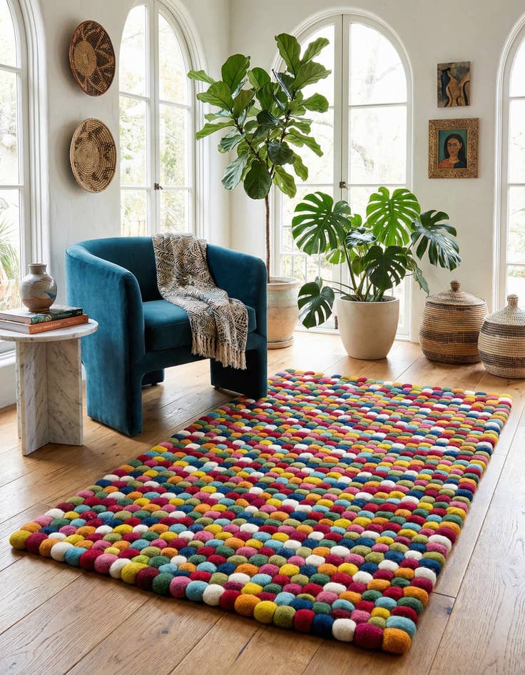 Detail image of  3' 3 x 5' 3 Felt Ball Wool Rug