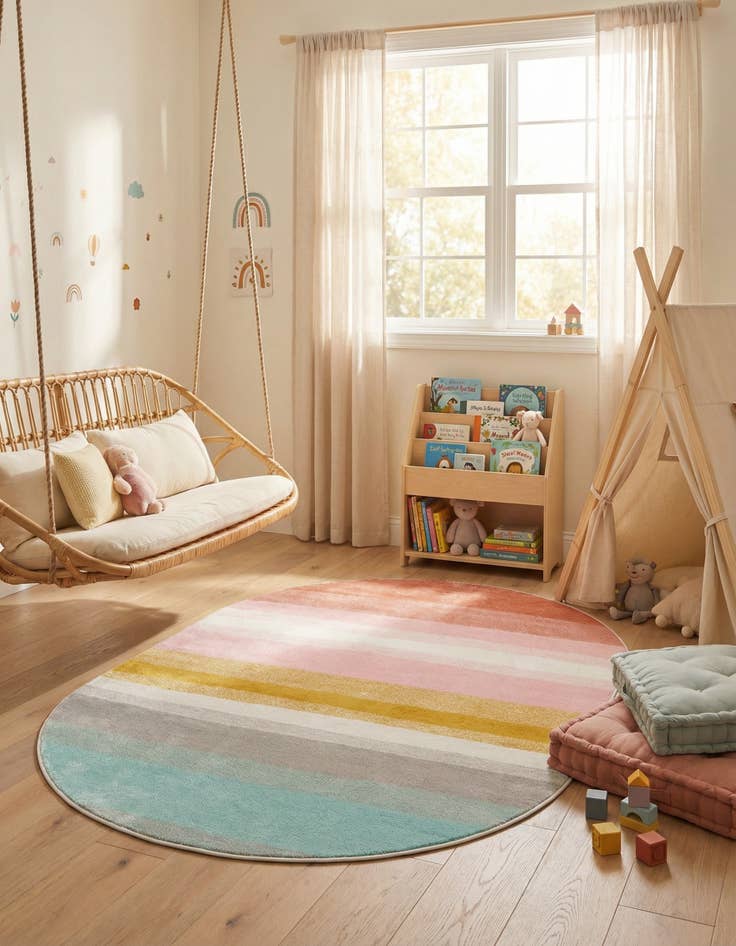 Detail image of 5' 3 x 8' Rainbow Stripes Whimsy Kids Oval Rug