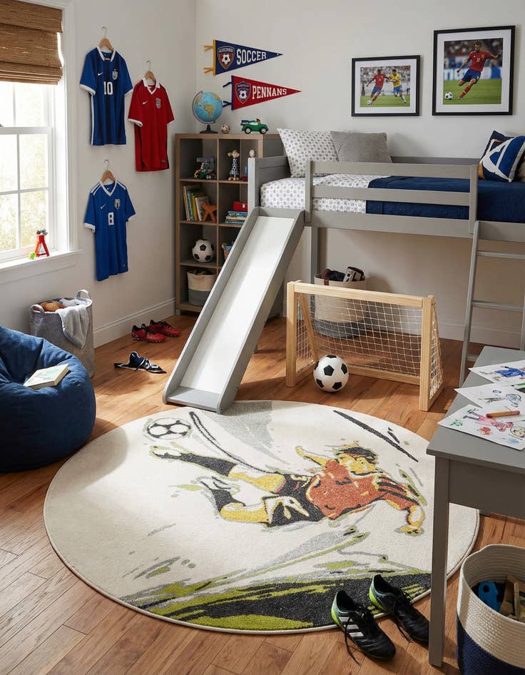 Detail image of 5' 3 x 5' 3 Soccer Player Whimsy Kids Round Rug
