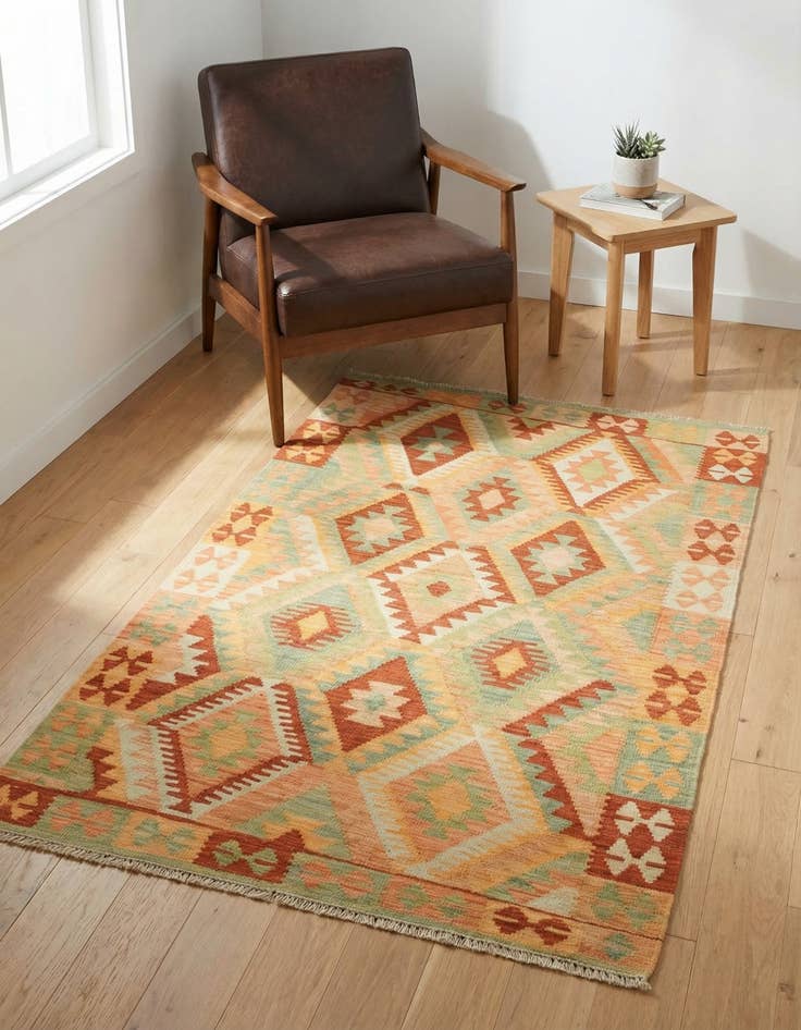 Detail image of 3' 2 x 4' 10 Hand Woven Kilim Waziri Wool Rug