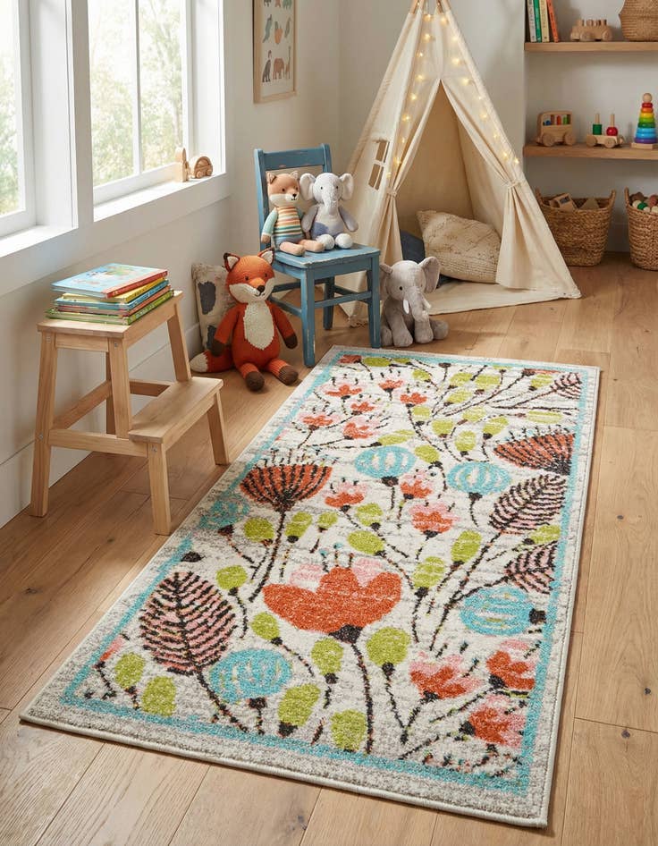 Detail image of 2' 2 x 4' Flowers Whimsy Kids Runner Rug