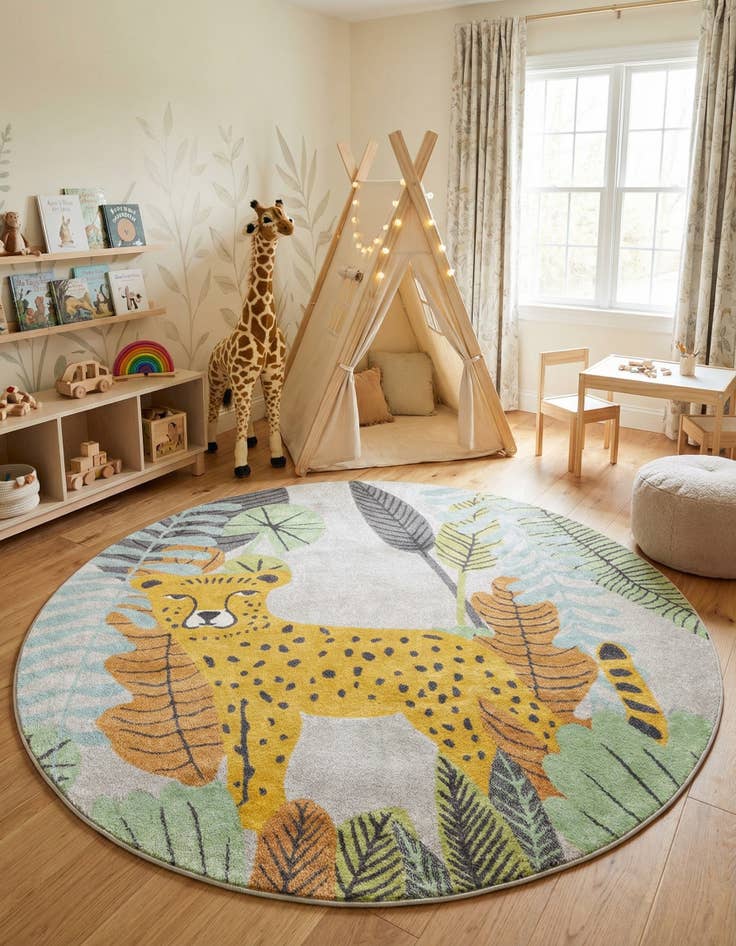 Detail image of 7' 10 x 7' 10 Leopard Whimsy Kids Round Rug