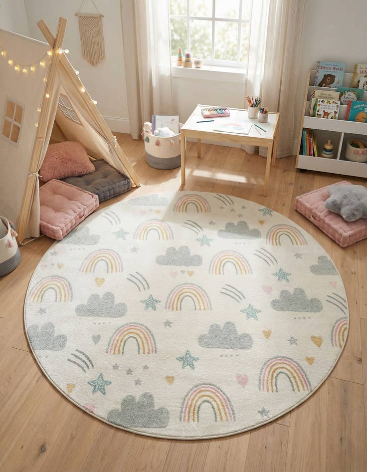 Detail image of 7' 10 x 7' 10 Clouds and Rainbows Whimsy Kids Round Rug