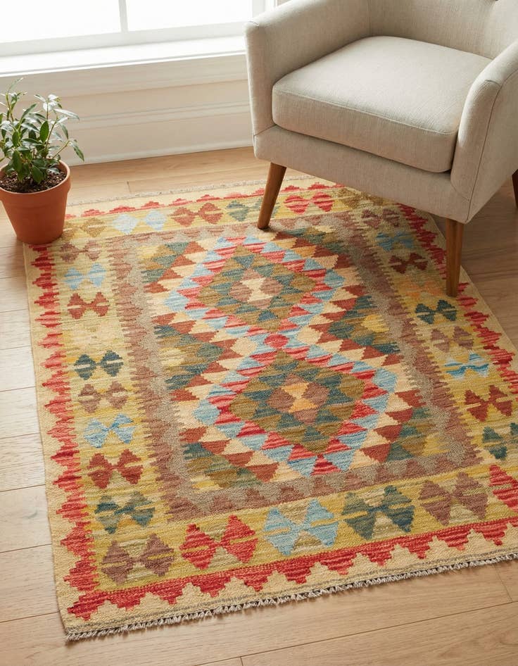 Detail image of 3' 2 x 3' 8 Hand Woven Kilim Maymana Wool Square Rug