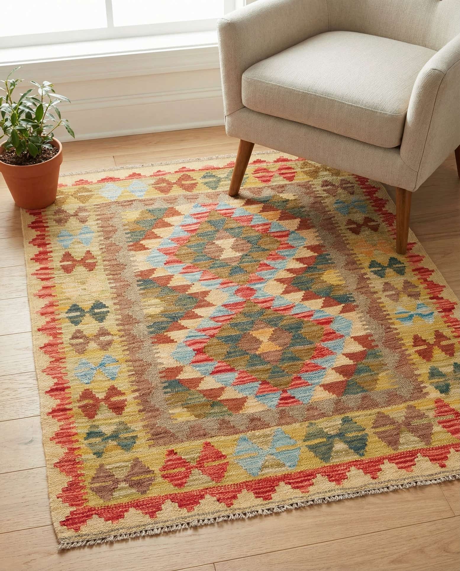3' 2 x 3' 8 Hand Woven Kilim Maymana Wool Square Rug