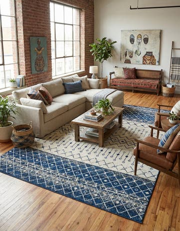 Ivory Navy Blue Moroccan Trellis Rug