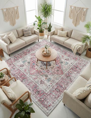 Light Coral Pink Washable Yara Square Rug