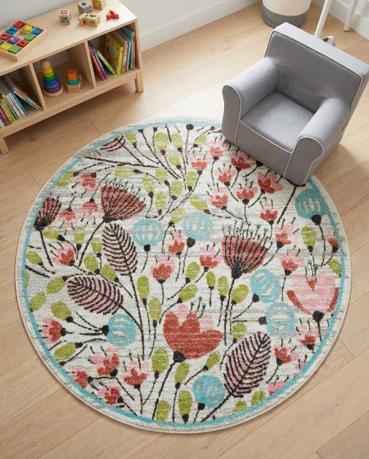 Detail image of 5' 3 x 5' 3 Flowers Whimsy Kids Round Rug