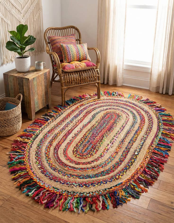 Detail image of 4' 1 x 6' 1 Hand Braided Chindi Jute Oval Rug