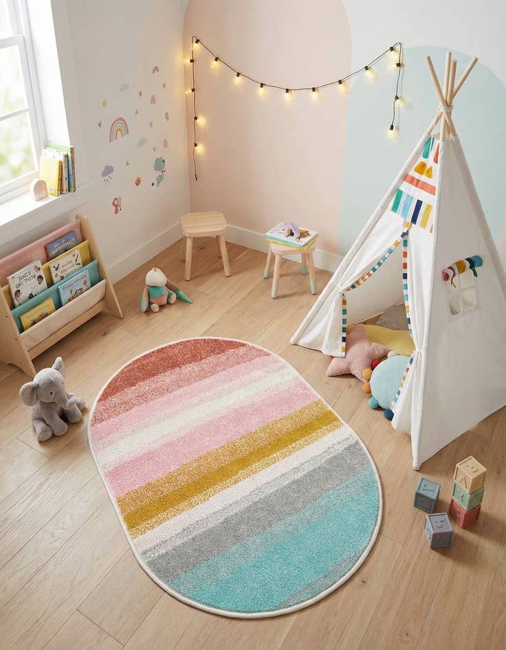 Detail image of 2' 2 x 3' 1 Rainbow Stripes Whimsy Kids Oval Rug