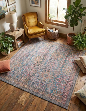 Antique Blue Washable Nostalgia Square Rug