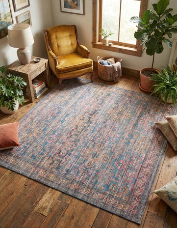 Antique Blue Washable Nostalgia Square Rug