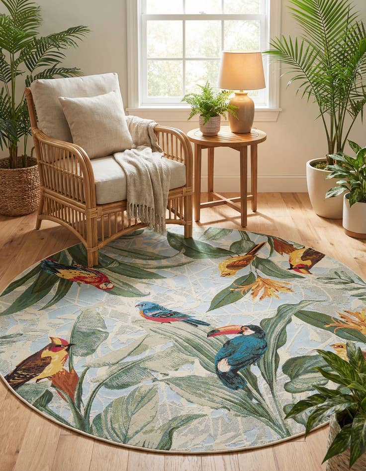 Detail image of 6' x 6' Washable Botanical Indoor / Outdoor Round Rug