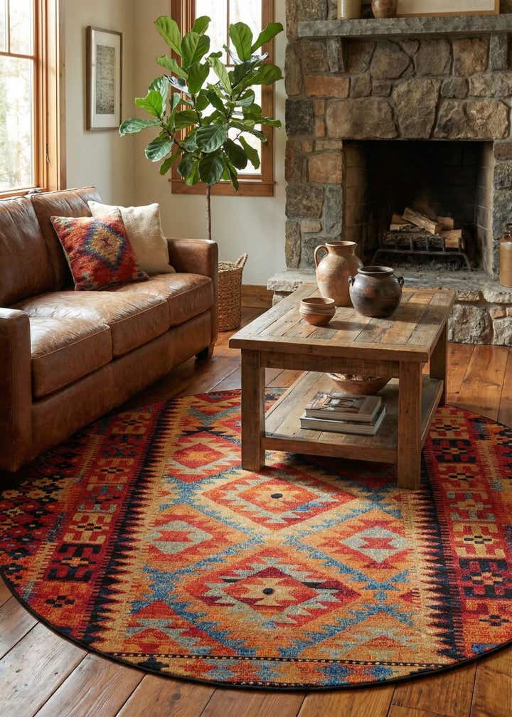 7' 10 x 7' 10 Easy-Clean Tribal Indoor / Outdoor Round Rug