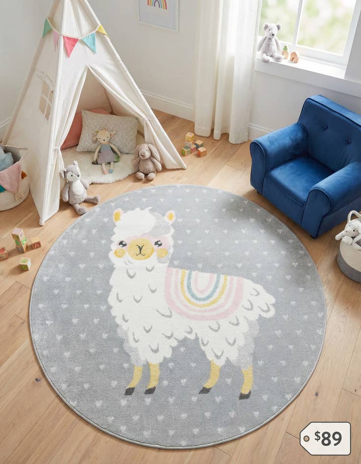Detail image of 5' 3 x 5' 3 Llama Whimsy Kids Round Rug
