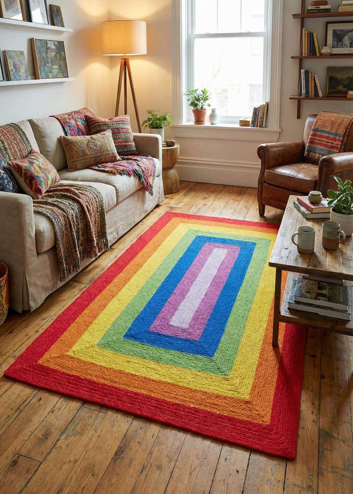 5' 1 x 8' Handmade Hand Braided Rainbow Wool Rug