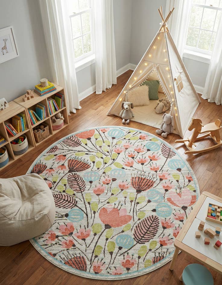 Detail image of 7' 10 x 7' 10 Flowers Whimsy Kids Round Rug