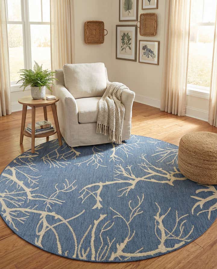 6' x 6' Easy-Clean Outdoor Botanical Coral Indoor / Outdoor Round Rug