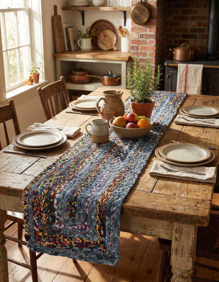 Detail image of 1' 2 x 4' 1  Hand Woven Braided Chindi Table Runner Rug