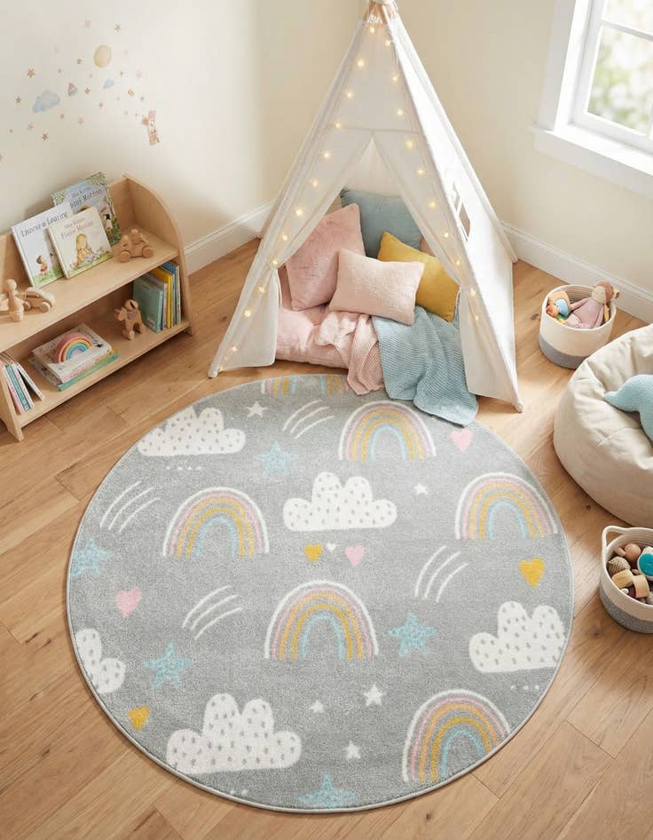 Detail image of 5' 3 x 5' 3 Clouds and Rainbows Whimsy Kids Round Rug